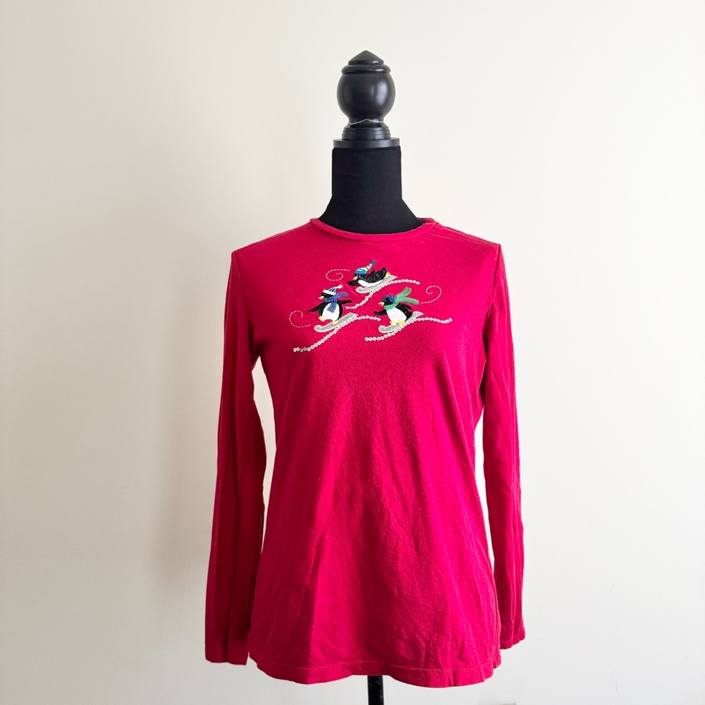 90s Vintage Ugly Christmas Penguin Long Sleeve Shirt sequined Embroidery